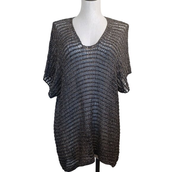 Eileen Fisher Sweater Brown Black Metallic Open Weave Linen Blend Womens Medium - Picture 1 of 15